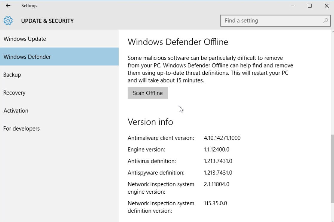 Windows 10 Defender Offline Update